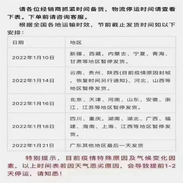 2022各地物流停運時間表